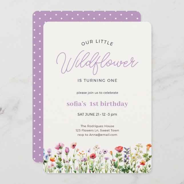 Pequeño Chica de Flores Silvestres Invitación al p (Anverso / Reverso)