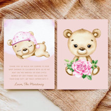 Pequeño chica de oso bebé ducha tarjeta de agradec