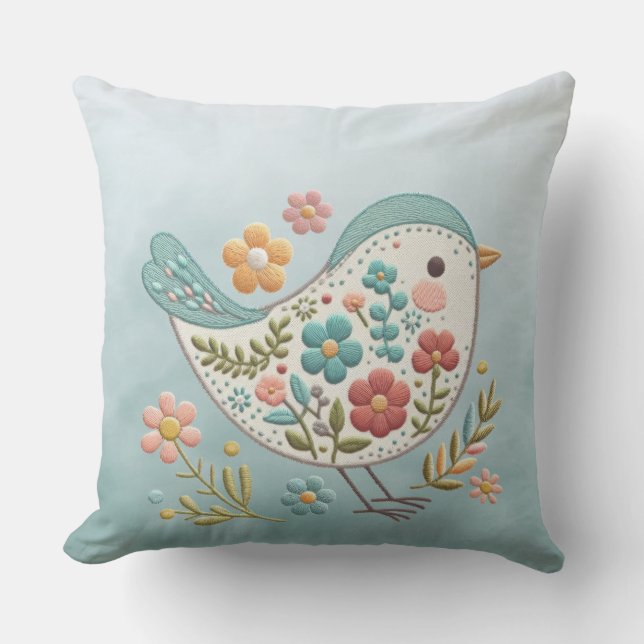 Pequeño Cojín decorativo de flores rosadas azules  (Anverso)