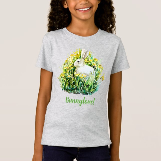 Pequeño conejo blanco y flores camiseta (Anverso)