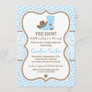 Pequeño Cowboy Baby Shower Invitación azul y marró