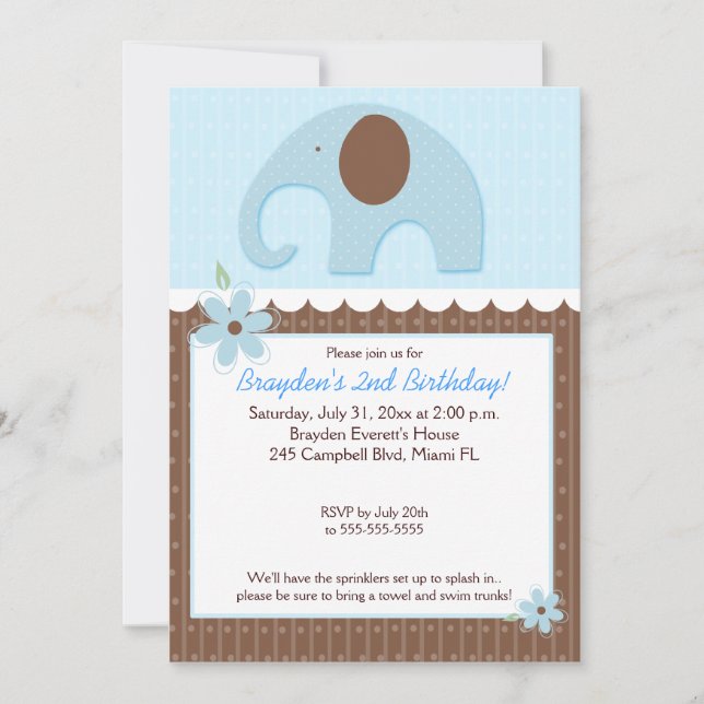 Pequeño elefante (azul) 5x7 Invitación al cumpleañ (Anverso)