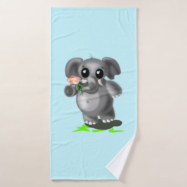 Pequeño elefante con toalla de baño azul de flores (Toalla de baño)