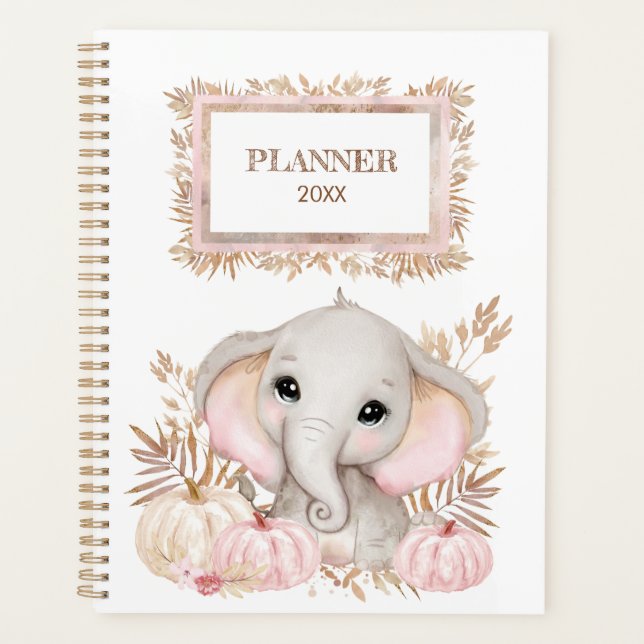 Pequeño elefante lindo con planificador de calabaz (Anverso)