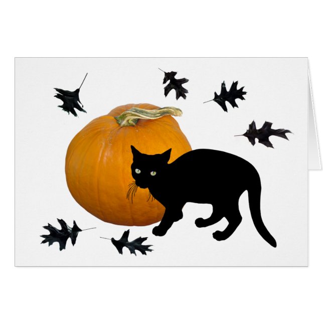 Pequeño gato negro con tarjeta Halloween de calaba (Anverso (Horizontal))