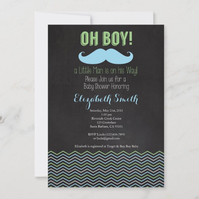 Pequeño hombre bigote Baby Shower Invitación Chalk (Anverso)