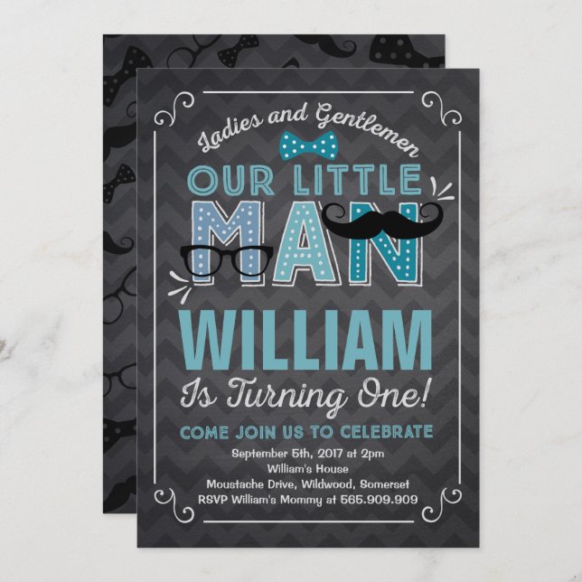 Pequeño hombre primer cumpleaños Invitación Mustac (Anverso / Reverso)