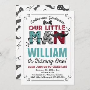Pequeño hombre primer cumpleaños Invitación Mustac