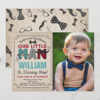 Pequeño hombre primer cumpleaños Invitación Mustac
