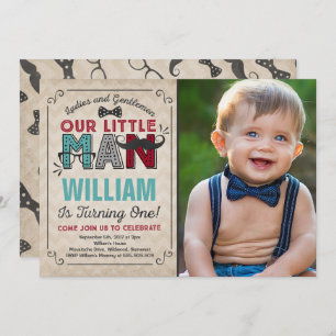 Pequeño hombre primer cumpleaños Invitación Mustac