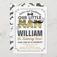Pequeño hombre primer cumpleaños Invitación Mustac