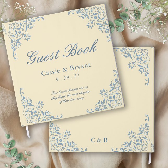 Pequeño libro de Bodas de la costa amarillo de man (butter yellow wedding guest book with vintage decorative border in dusty blue with  unique message)