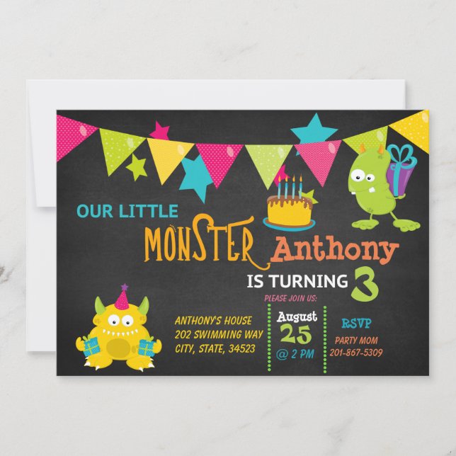 Pequeño Monstruo cumple 3 años de invitación (Anverso)