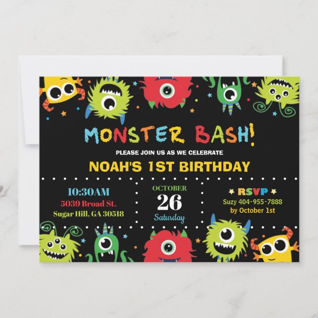 Pequeño monstruo lindo Bash Boy Invitación al cump (Anverso)