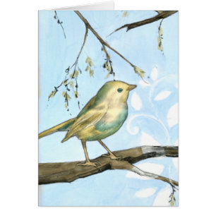 Pequeño pájaro amarillo encaramado en una rama mir