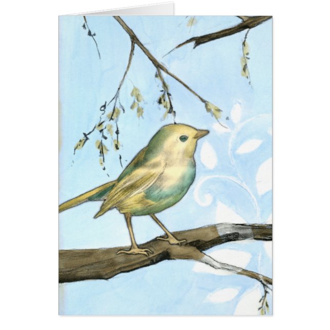 Pequeño pájaro amarillo encaramado en una rama mir (Frente)