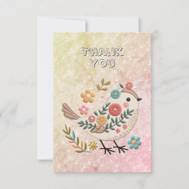 Pequeño pájaro deja flores Pink Gracias Tarjeta (Anverso)