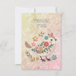 Pequeño pájaro deja flores Pink Gracias Tarjeta