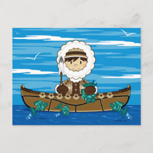 Pequeño pescador inuit en la postal Kayak