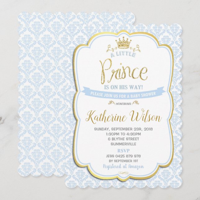 Pequeño Príncipe Bebé Invitación Niño Azul (Anverso / Reverso)