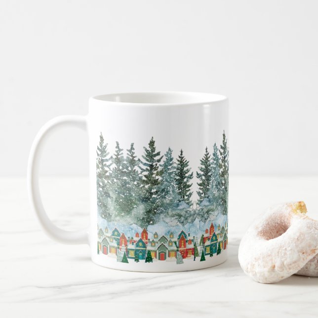 Pequeño pueblo en la taza de invierno (Con donut)
