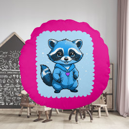 Pequeño Raccoon En Almohada Azul Redonda