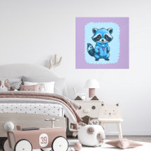 Pequeño Raccoon En Arte Pared Metalizado Azul