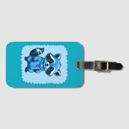 Pequeño Raccoon En Etiqueta De Equipaje Azul