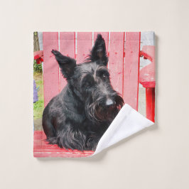 Pequeño Scottie en una gran silla roja