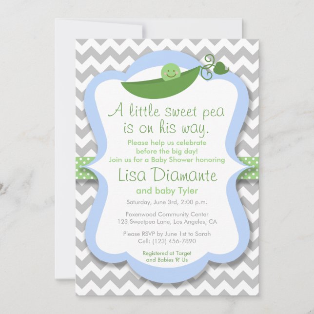 Pequeño y dulce chico de Pea Invitación Baby Showe (Anverso)
