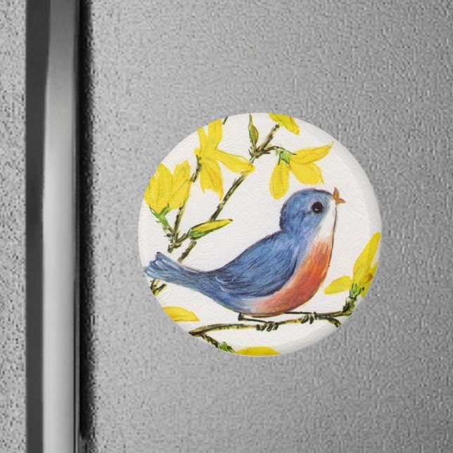 Pequeño y dulce imán de pájaro (Sweet little red and blue bird on branch singing with yellow flowers on faux textured white magnet.)