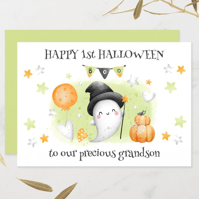 Pequeño y lindo novio fantasma primera tarjeta de  (Cute Little Boo Baby Ghost 1st Halloween Card)