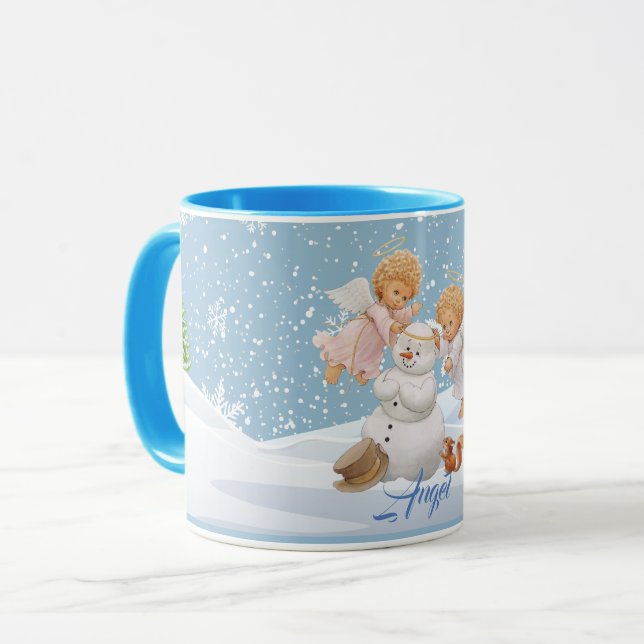 Pequeños ángeles lindos y taza del muñeco de nieve (Anverso izquierdo)