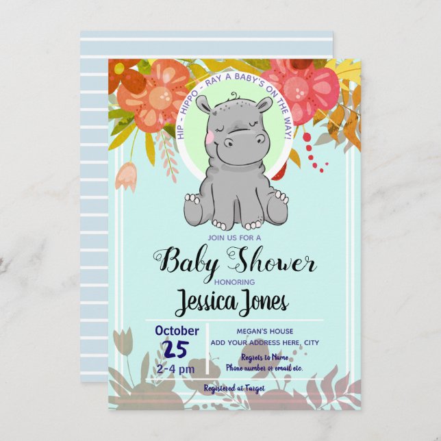 Pequeños Hippo Pequeños Invitaciones A La Ducha Fl (Anverso / Reverso)