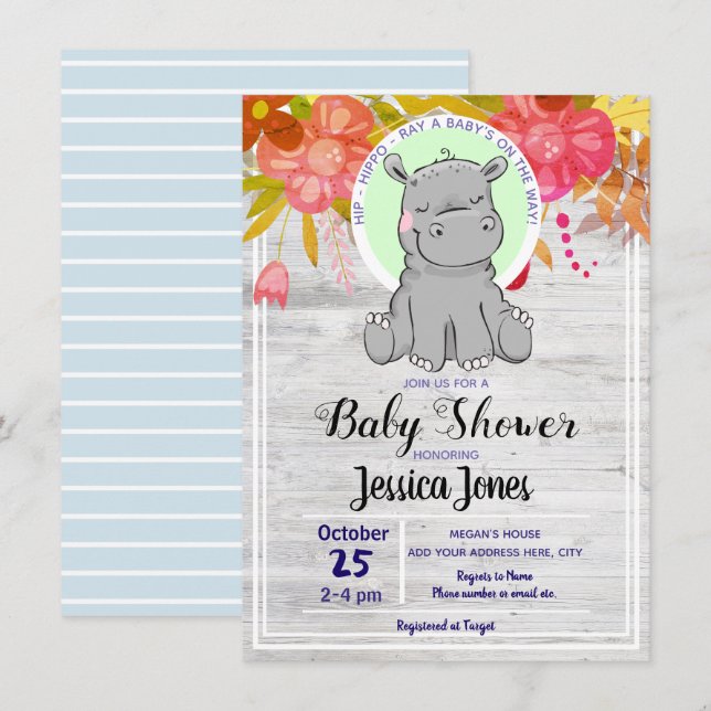 Pequeños Hippo Pequeños Invitaciones A La Ducha Fl (Anverso / Reverso)