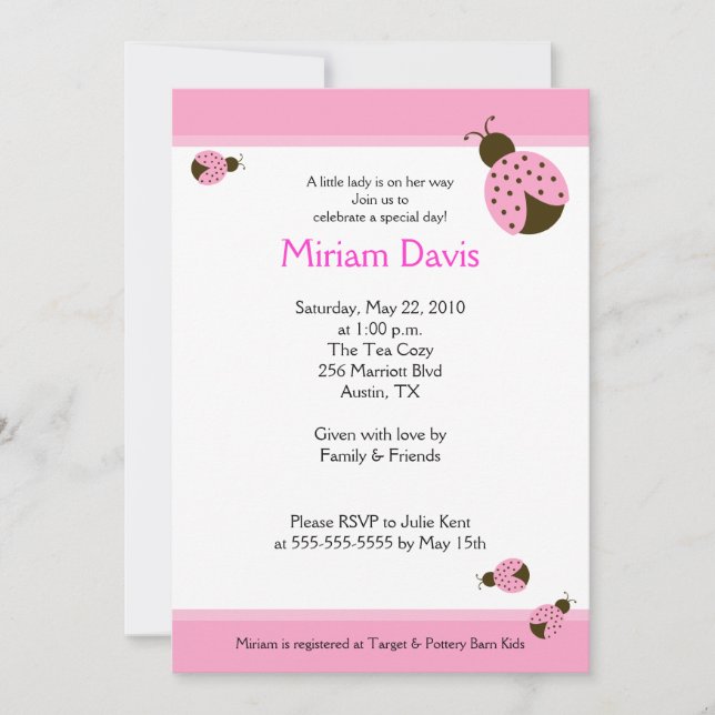 Pequeños Ladybugs Rosa 5x7 Invitaciones a la ducha (Anverso)