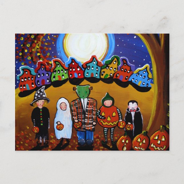 Pequeños niños de Halloween: postal de arte popula (Anverso)
