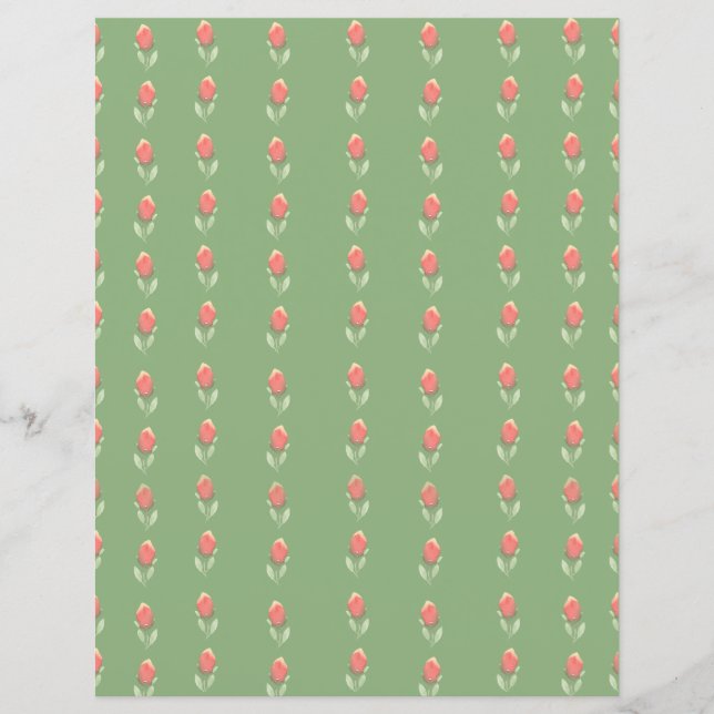 Pequeños rosebudos rosados en hoja de papel verde (Anverso)