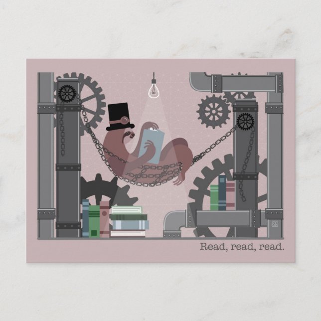 Perezoso Steampunk leyendo tarjetas postales (Anverso)