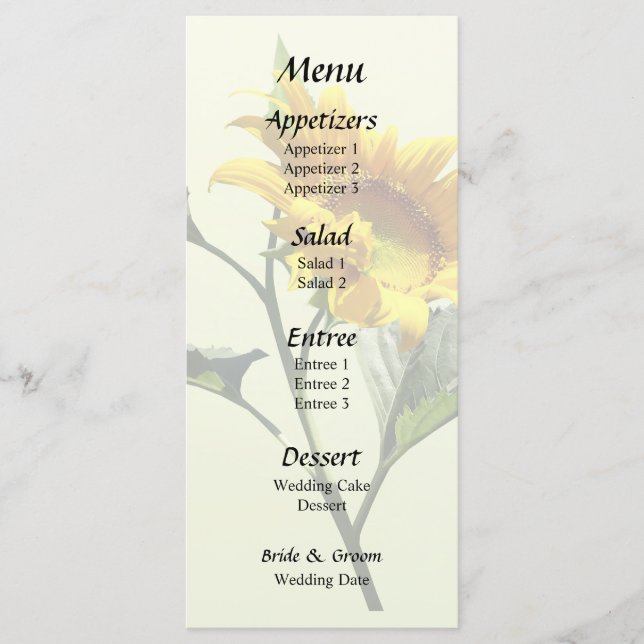 Perfil de un menú Boda girasol (Anverso)