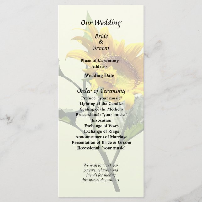 Perfil de un programa de boda de girasoles (Anverso)