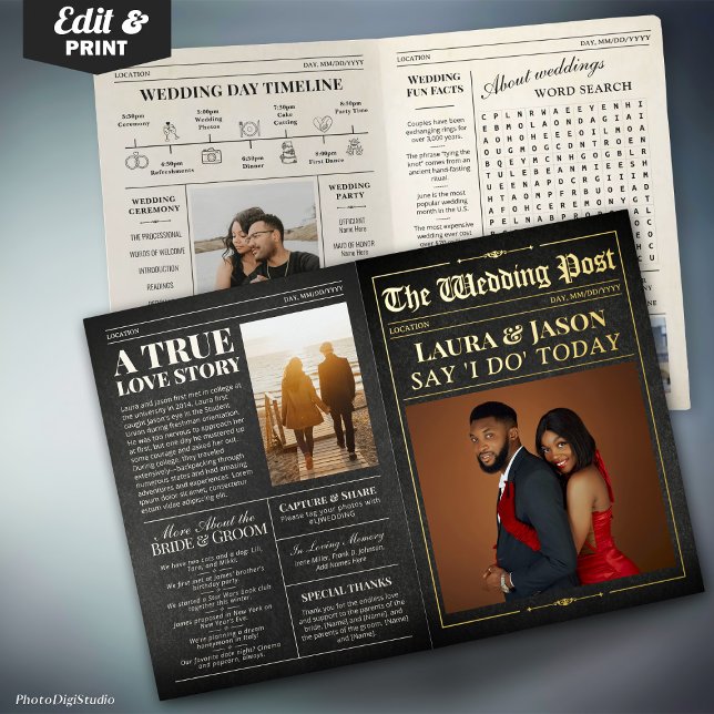 Periódico de Boda Elegante con Cronología Negro y  (Elegant Wedding Newspaper w. Timeline Black & Gold Foil Greeting Card)