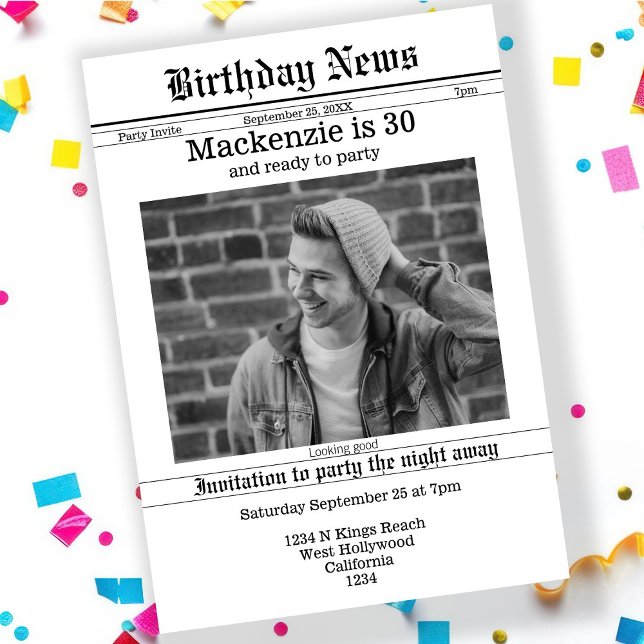 Periódico de Invitación de cumpleaños personalizad (Birthday Announcement Newspaper Personalized Novelty Invitation by Ricaso. Add own photo and text)