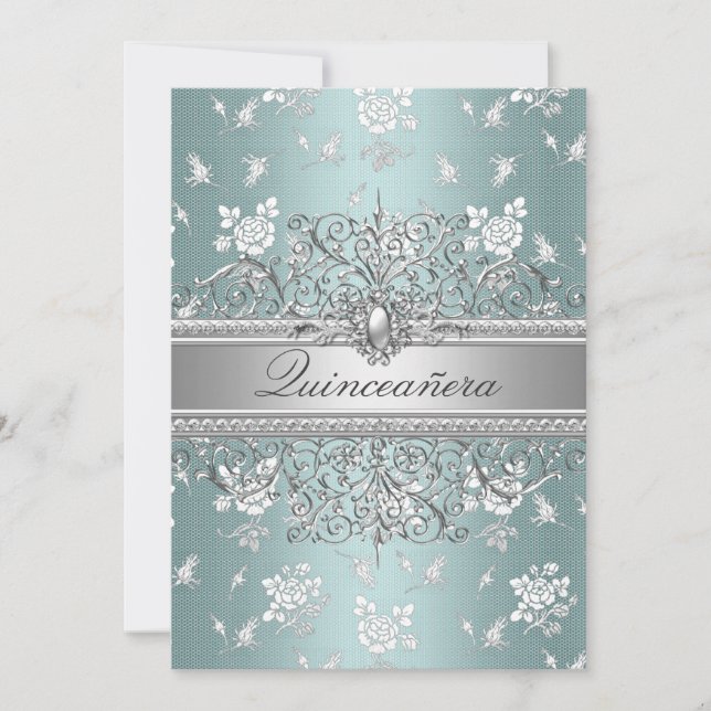 Perla azul y Rosa Invitaciones Quinceanera (Anverso)