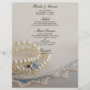 Perlas, anillo de diamantes y menú Boda de encaje