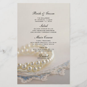 Perlas blancas y menú Boda de encaje azul
