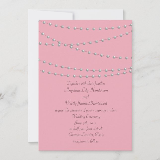Perlas de Dainty en la invitación a la boda rosa (Anverso)