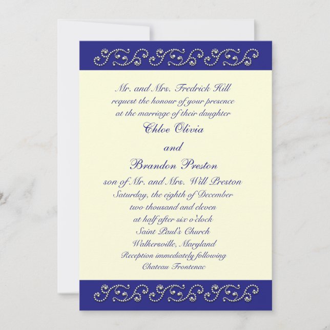Perlas, Invitación a la Boda Azul Sapphire Blanco (Anverso)