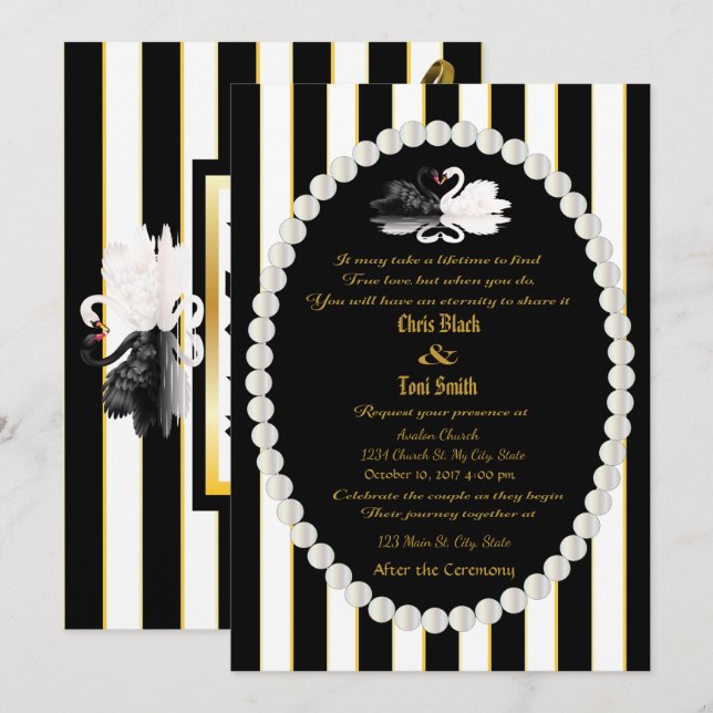 Perlas y cisnes Invitación a la boda Black Striped (Anverso / Reverso)