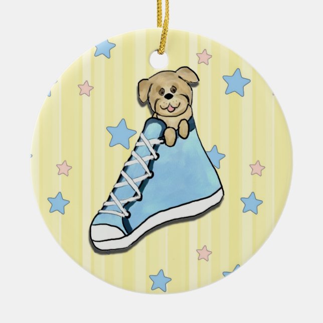 Perrito en un ornamento azul del zapato (Frente)
